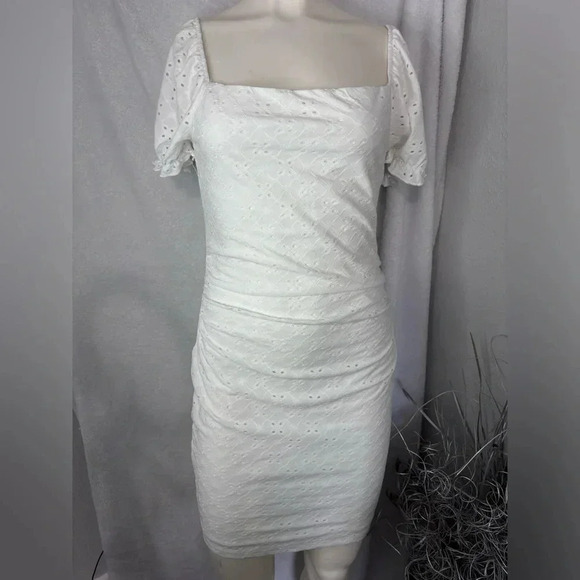 Heart & Hips White Eyelet Dress Ruched Bodycon Square Neck Mini L - Picture 1 of 3